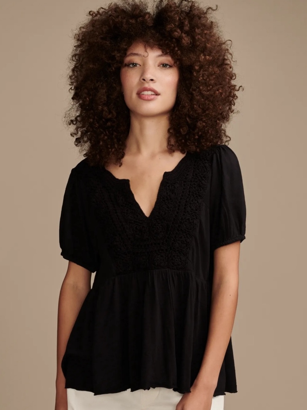 Lucky brand crochet yoke babydoll short sleeve top